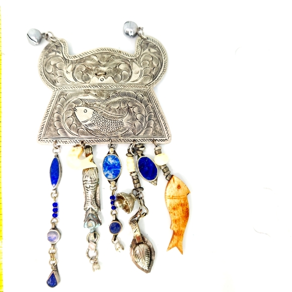 Huge Vintage Etched Abstract Fish Charm Dangle Drop Lapis Silvertone Pin Brooch